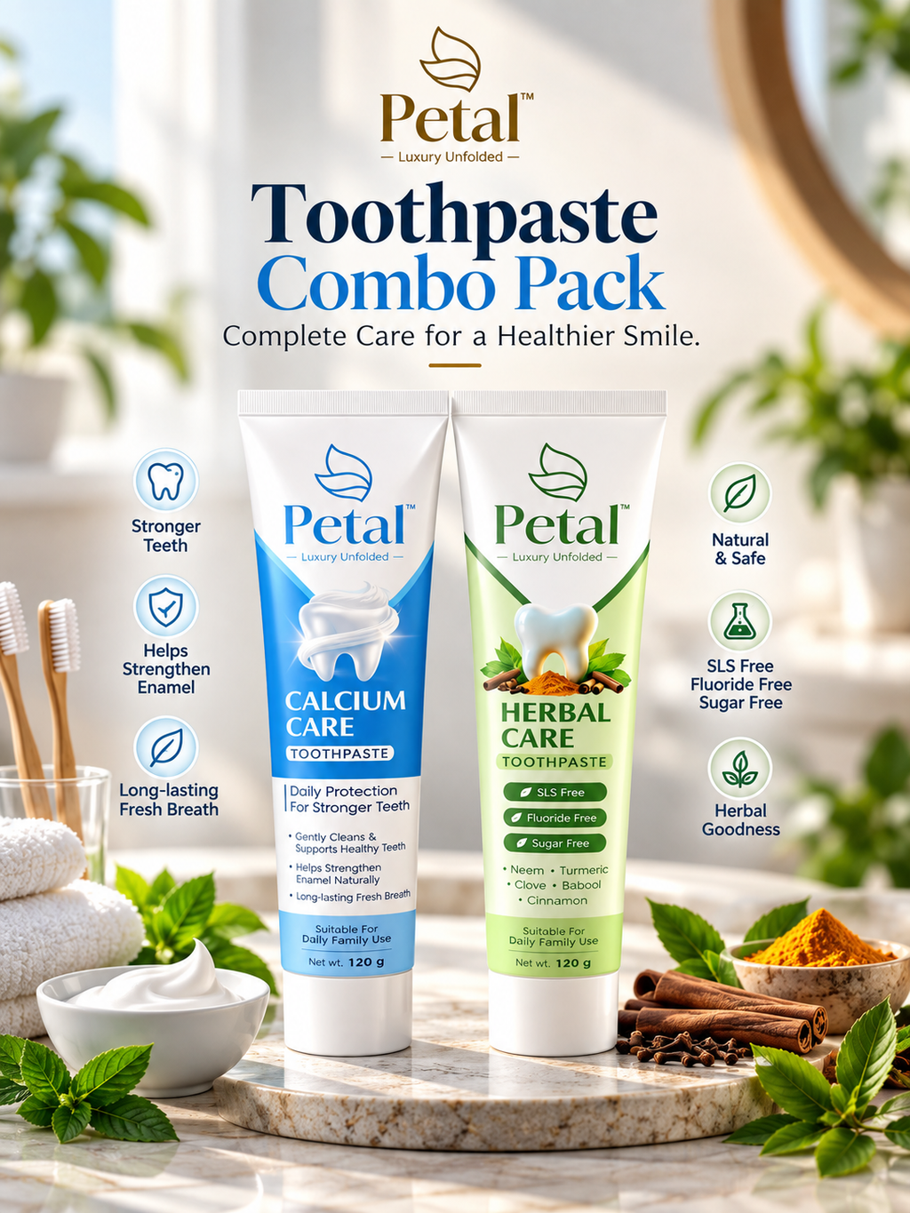 Petal Dental Combo (1 Herbal Toothpaste + 1 Calcium Toothpaste)