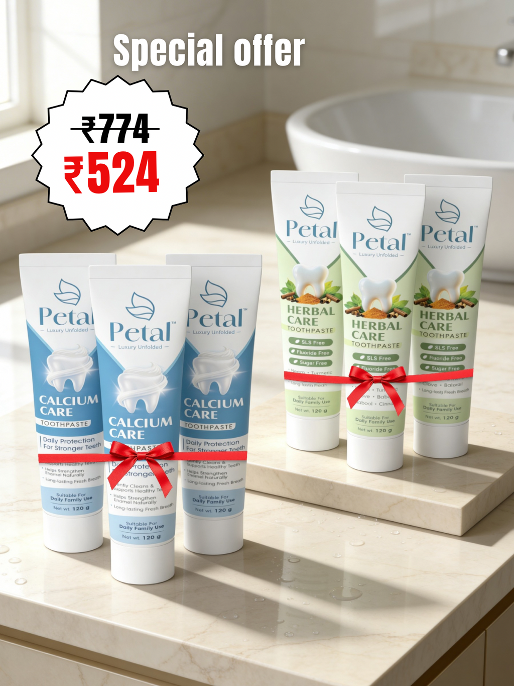 Petal Dental Super Saver Combo (3 Herbal Toothpaste + 3 Calcium Toothpaste)