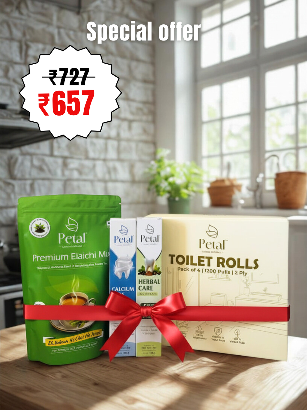 Petal Value Combo (Toilet Rolls | 250g premiumElaichi Tea | Oral care Duo)