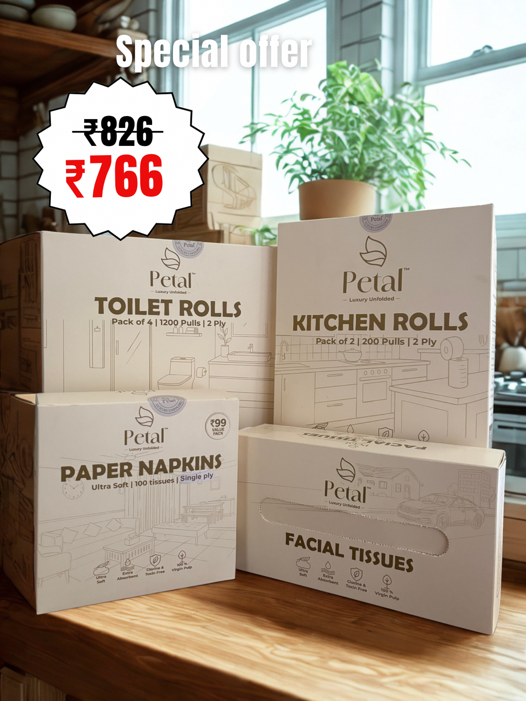 Petal Premium Home Essentials pack (Kitchen & bathroom rolls, paper napkins, facial tissues)