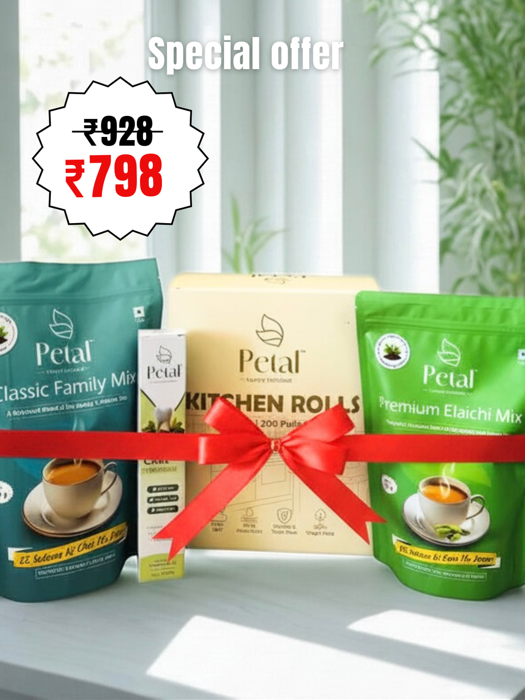 Petal Value Combo (500g Family + 250g Elaichi Tea | Kitchen roll | Herbal Toothpaste)