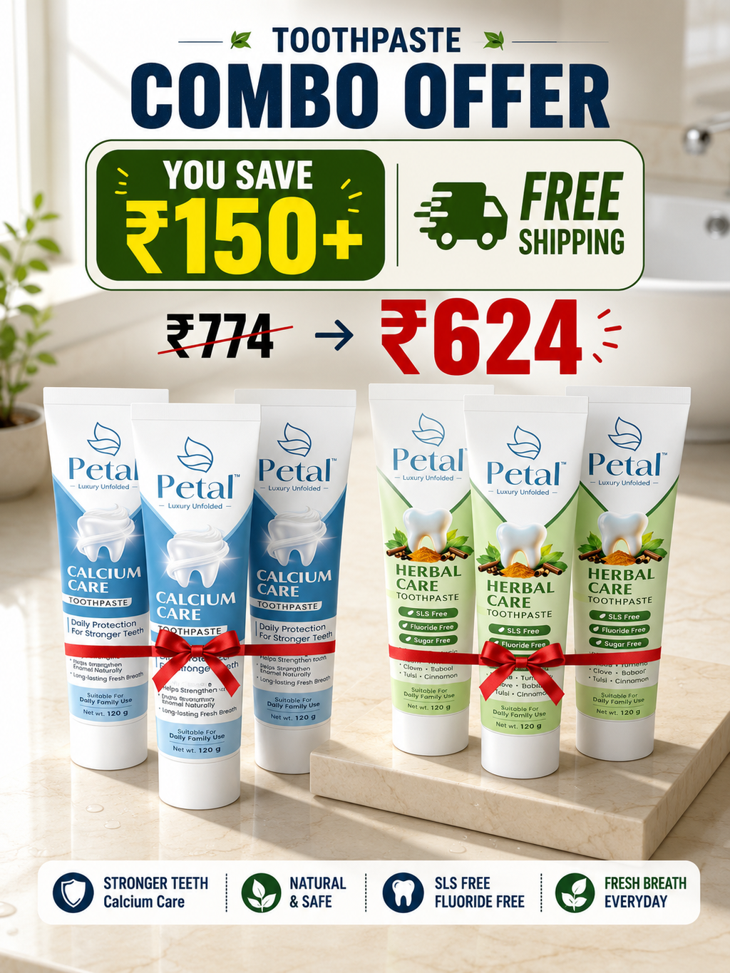 Petal Dental Super Saver Combo (3 Herbal Toothpaste + 3 Calcium Toothpaste)