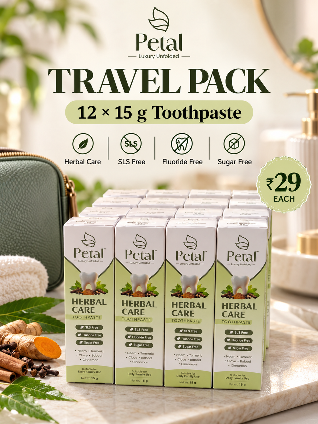 Travel Pack 15g*12 Qty- Petal Herbal Toothpaste