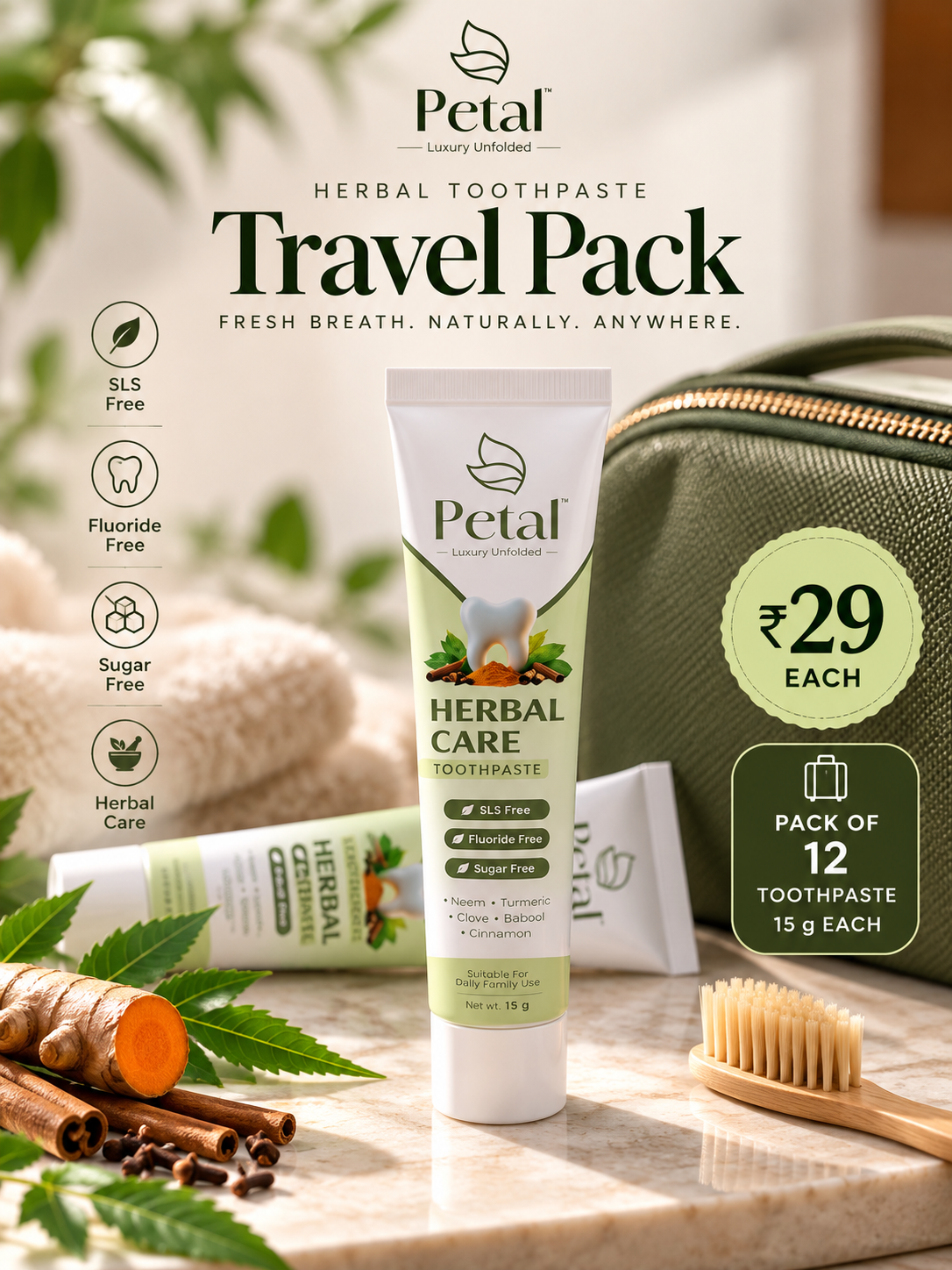 Travel Pack 15g*12 Qty- Petal Herbal Toothpaste