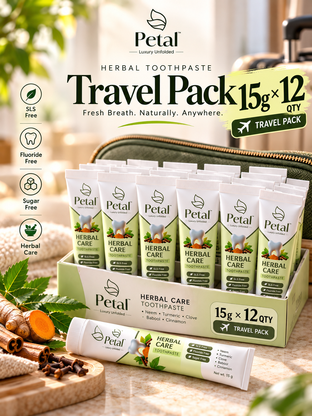 Travel Pack 15g*12 Qty- Petal Herbal Toothpaste
