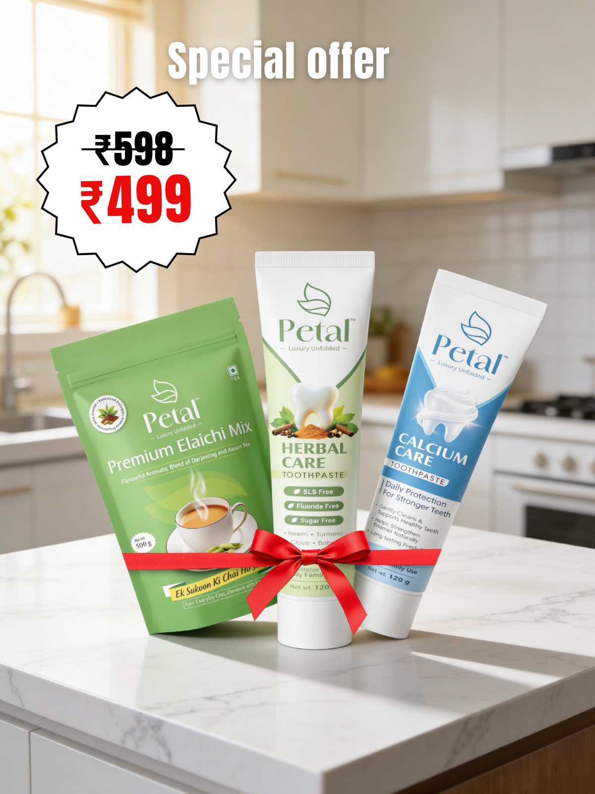 Petal Value Combo (500g Premium Elaichi mix Tea | 1 herbal + 1 calcium care toothpaste)